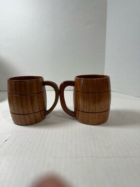 Rustic Wooden Barrel Mugs - Brown Coffee Cup Pair